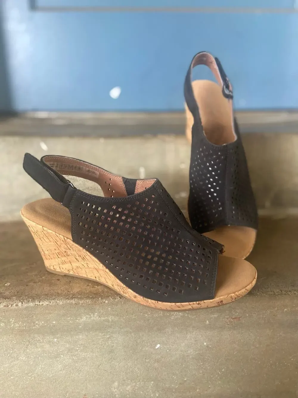 Rockport Briah black perforated suede wedge sandal with adjustable back strap